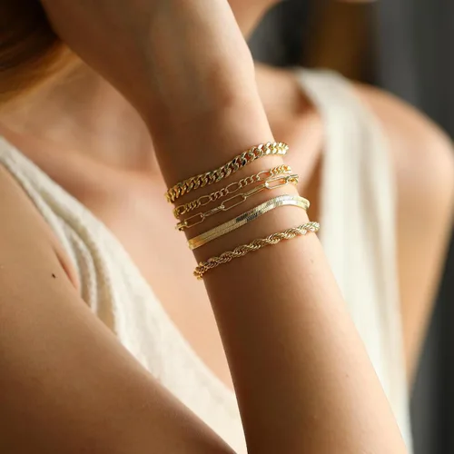 Miniatura 2 de Pulseras de oro para mujer, juego de pulseras en capas de oro de 14 quilates, delicadas cadenas de espiga de espiga, pulseras cubanas de oro