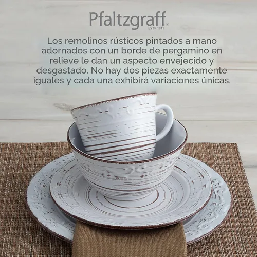 Miniatura 4 de Pfaltzgraff Trellis White - Juego de vajilla de gres de 16 piezas, servicio para 4, acabado blanco desgastado, platos y cuencos seguros para Blanco