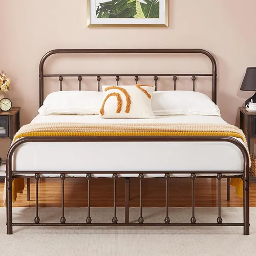 VECELO Base de cama, plataforma de metal tamaño Queen con cabecero y estribo, base de colchón de soporte de listones de acero de alta calidad, no
