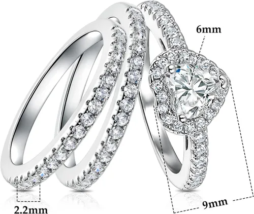 Miniatura 6 de MDFUN Juego de anillos de compromiso con halo de corazón tres en uno, anillo de compromiso chapado en oro blanco de 18 quilates, circonita cúbica