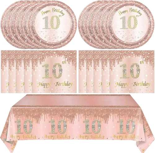 41 piezas de decoración de cumpleaños número 10 para niña, juego de vajilla de mesa para fiesta de cumpleaños número 10 en color oro rosa, feliz 10
