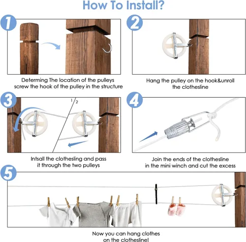 Miniatura 4 de TooTaci Kit de tendedero para exteriores, kit de polea de tendedero de nailon de 5 pulgadas, cuerda de poliéster de 150 pies para exteriores