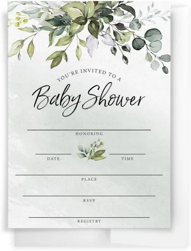 Miniatura 3 de Printed Party Invitaciones y sobres para baby shower, eucalipto verde, juego de 30