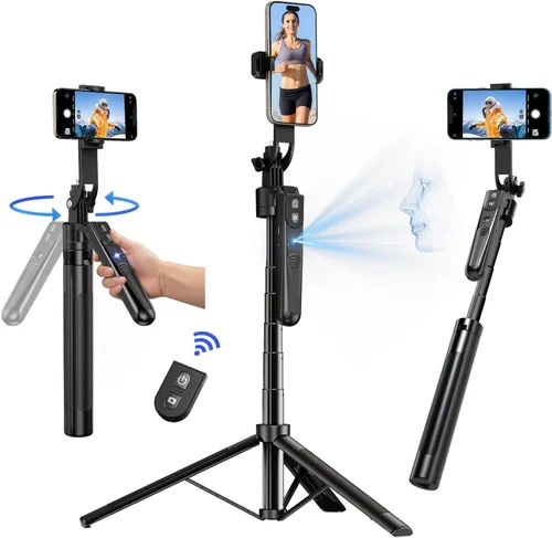 Trípode de seguimiento facial automático con rotación de 360° con soporte, trípode de teléfono con sensor de movimiento de 70.9", sin aplicación,