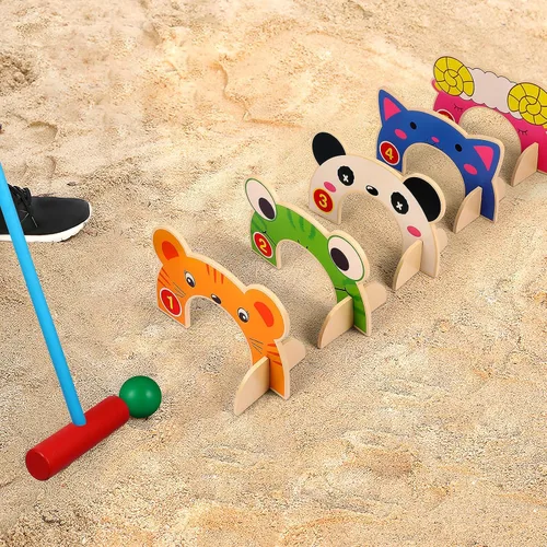 Miniatura 4 de Toddmomy Juego de croquet de madera de animales para niños, juego completo familiar para interiores y exteriores con 5 cubos de animales y 2 mazos