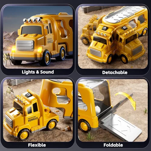 Miniatura 7 de Camiones de construcción de juguetes para niños de 2, 3, 4, 5 años, vehículo de transporte 5 en 1 para niños pequeños de 2 a 4 años con grúa
