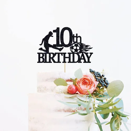 Miniatura 4 de Decoración para pastel de cumpleaños número 10 con purpurina negra, decoración para pastel de pelota de fútbol para 10 años de edad, saludos a 10