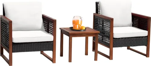 Juego de muebles de patio de 3 piezas de madera de acacia para patio, juego de sillas de conversación al aire libre con cojines resistentes al agua