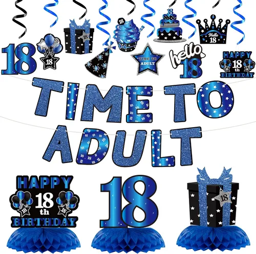 WATINC Decoración de feliz cumpleaños 18 – 26 piezas de decoración de fiesta de cumpleaños de 18 años para niños, niñas y él, cartel azul y negro