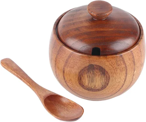 Miniatura 8 de Cuenco de madera para sal y pimienta, caja de especias con tapa, cuchara, sal, bodega, tazones para especias, soporte para azúcar de cocina