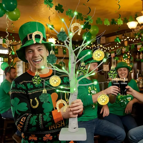 Miniatura 7 de Yquqwn Decoraciones del día de San Patricio, árbol de abedul iluminado con adornos de trébol, monedas de oro, 24 LED para el hogar, mesa, tienda