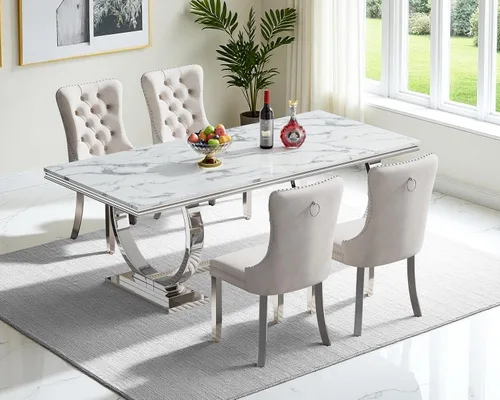 Miniatura 96 de Moderno juego de mesa de comedor de mármol sintético de 68.11 pulgadas para 6, mesa de comedor de mármol blanco y plateado con 6 sillas de Blanco