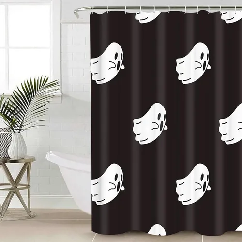 Cortina de ducha decorativa, divertidos iconos de fantasmas blancos, lindo patrón espeluznante de Halloween, juego de cortina de ducha de poliéster 1
