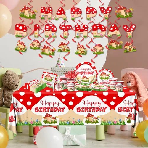 Miniatura 6 de Decoraciones de cumpleaños de hongos, 150 piezas de vajilla de fiesta temática de hongos, incluye platos, servilletas, mantel, espirales colgantes