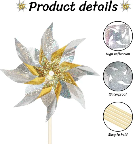 Miniatura 6 de Paquete de 10 molinetes reflectantes para patio y jardín, giradores de viento para exteriores dispositivos para ahuyentar pájaros, molinetes Dorado