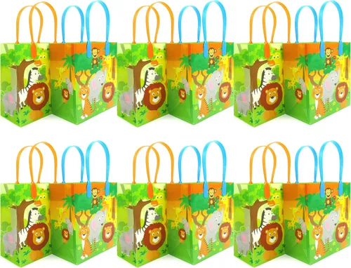 Miniatura 2 de TINYMILLS Bolsas de regalo con temática de animales de la selva de safari con asas, bolsas de dulces de libro de selva para fiestas de cumpleaños