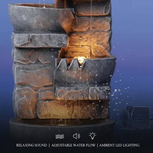 Miniatura 3 de Teamson Home Fuente de Agua LED para Exteriores de 33.25 pulgadas con Tazones en Cascada y Piedras Apiladas para Jardines, Paisajismo, Patios, Gris