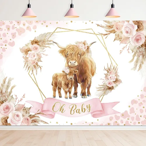 Newsely Fondo de decoración de vaca de las tierras altas para baby shower, 7 pulgadas de ancho x 5 pulgadas de alto, fotografía, bohemio, rosa,