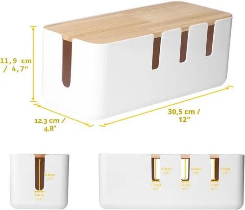 Miniatura 3 de Caja de organización de cables, 12 x 5 x 4.5 pulgadas, tapa de madera, organizador de cables para escritorio, TV, computadora, sistema