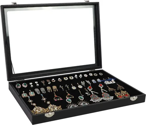 Wuligirl - Bandeja organizadora de anillos con 100 ranuras y tapa transparente, organizador apilable de joyas como aretes, collares y anillos