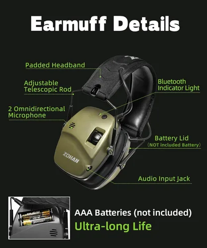 Miniatura 6 de ZOHAN 035 Auriculares de protección auditiva Bluetooth 5.4 para tiro con cancelación activa de ruido y amplificación de sonido, NRR 22dB para campo