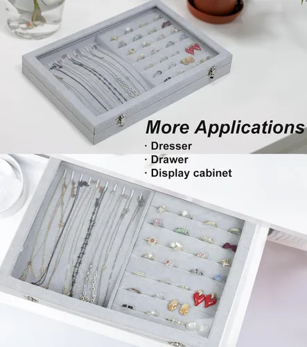 Miniatura 3 de Togous Organizador de anillos de collar de terciopelo con tapa transparente, soporte para collar 2 en 1 y vitrina de anillo, bandeja organizadora