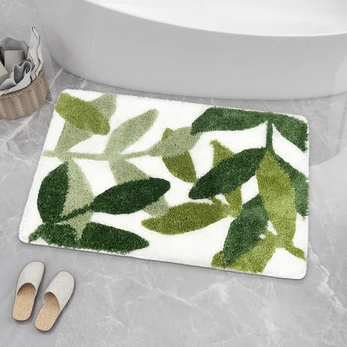 Miniatura 9 de Tapete verde para baño, de microfibra, absorbente, con diseño de hojas con reverso antideslizante para uso bajo techo en la puerta de entrada