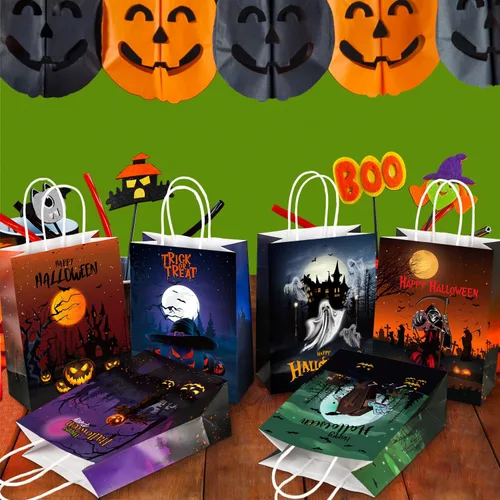 Miniatura 3 de BLEWINDZ 24 bolsas de regalo de papel de Halloween con pañuelos, bolsas de golosinas de Halloween con asa para truco o trato y recuerdos de fiesta