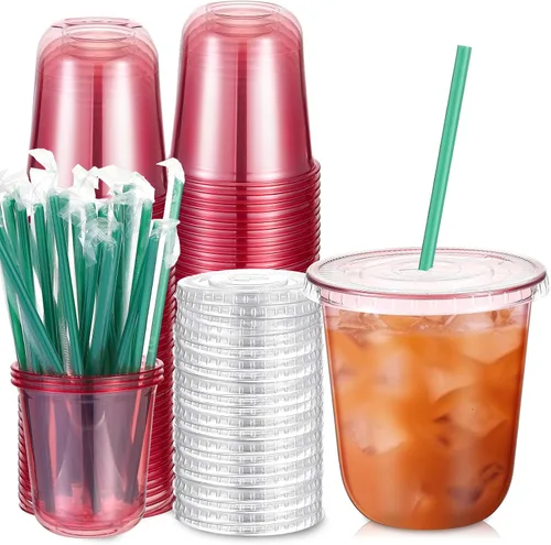 Miniatura 17 de Baderke Juego de 25 vasos de plástico con tapas y pajitas, tazas de plástico desechables para café helado, jugo, batido, cristal para cafeterías