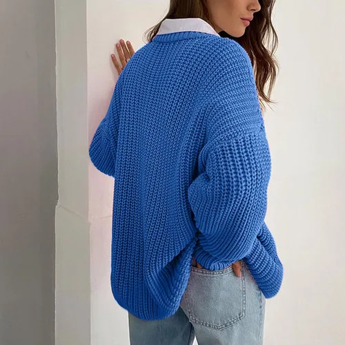 Miniatura 7 de Suéter de Punto de Manga Larga con Cuello Alto para Mujer, Tops básicos de Color sólido con Cuello Redondo