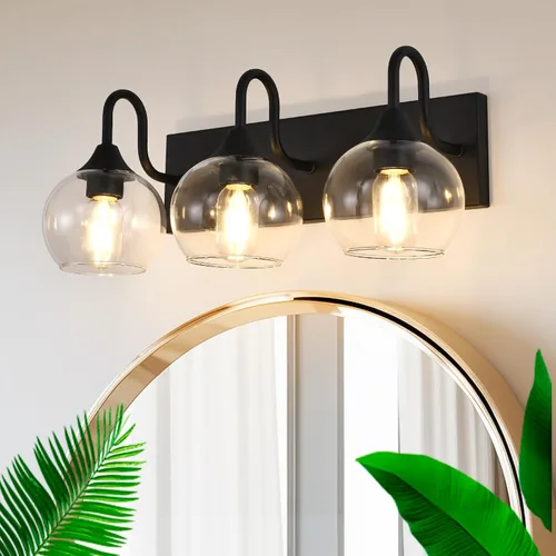 Miniatura 9 de Lámpara de baño de 3 luces, luces costeras con pantalla de cristal de cristal, lámpara de pared negra para espejo de cocina, pasillo, dormitorio