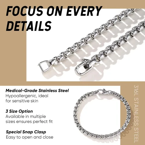Miniatura 6 de VNOX Box Chain Bracelet for Men Women - Simple Metal Mens Bracelets Square Rolo Link Round Box Chain Black Stainless Steel Bracelets Jewelry Gifts