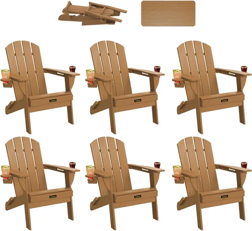 Miniatura 27 de Silla Adirondack Plegable, Sillas Adirondack de Plástico con Textura de Madera con 2 Portavasos, Silla para Hoguera de HDPE Resistente a