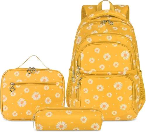 Miniatura 36 de goldwheat Mochilas impresas margaritas con paquete de almuerzo, estuche de lápices 3pcs, bolsa ligera resistente al agua para la escuela secundaria