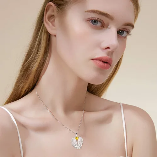 Miniatura 6 de YFN Collar de alas de ángel de plata de ley 925 con colgante de alas de ángel de la guarda, collar de piedra natal para mujeres y niñas, regalos