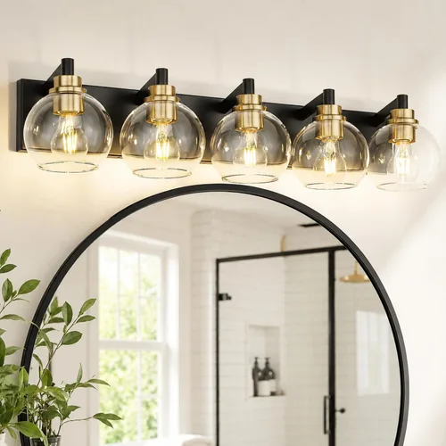 Miniatura 23 de Accesorios de iluminación de baño, luz de tocador mate negra de 2 luces, apliques de pared modernos con pantalla de globo de vidrio transparente