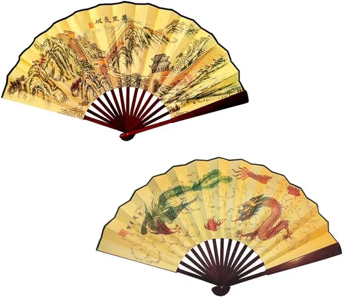 Miniatura 7 de Fox Baby Abanico de mano plegable, 13 pulgadas de tela de bambú grandes ventiladores de mano con pintura tradicional china para decoraciones