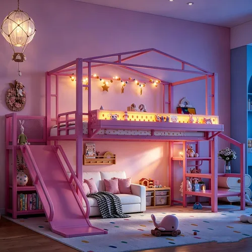 Miniatura 15 de Bellemave Cama Loft de Metal Tipo Casa Tamaño Twin con Tobogán y Escaleras, Marco de Cama Loft Casa de Juegos de Servicio Pesado con Estantes