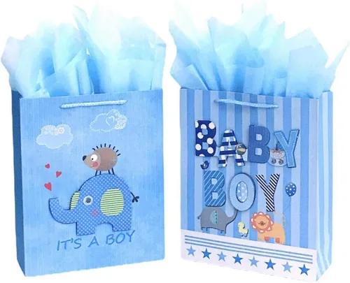 Bolsas de regalo medianas de 12.5 pulgadas con papel de seda para baby showers, paquete de 2 (azul)