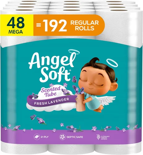 Papel higiénico suave Angel Soft con tubo perfumado de lavanda fresca, 48 mega rollos = 192 rollos regulares, papel higiénico suave y resistente