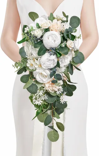 Miniatura 24 de Serwalin Ramos de boda de 9.8 pulgadas para novia y dama de honor, peonías rosa empolvado, ramos de flores de novia para boda, ramo de lanzamiento