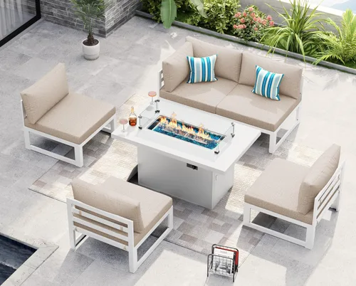 Miniatura 2 de NICESOUL® Juego de 6 piezas de muebles modernos de aluminio extra grandes para patio con mesa para fogata de propano/gas natural, sofás
