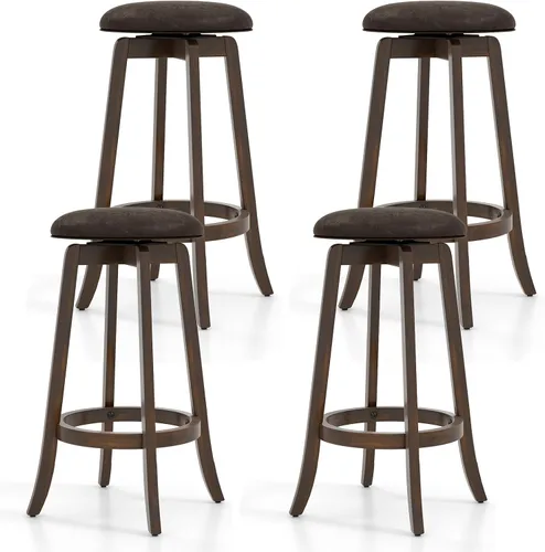 Miniatura 10 de COSTWAY Juego de 2 taburetes de bar giratorios de 29 pulgadas, taburetes de bar tapizados con asiento de piel sintética y patas de madera de goma