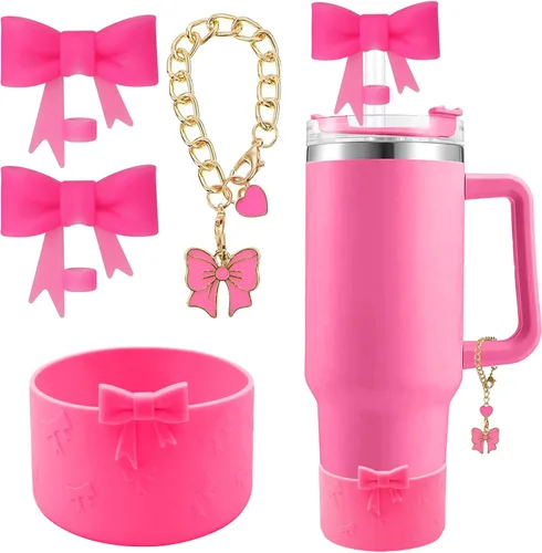 Miniatura 21 de Conjunto de accesorios para taza Hpebl para Stanley, incluye 2 tapas de pajita con moño lindo de 10 mm, tapones reutilizables para pajita, 1 funda