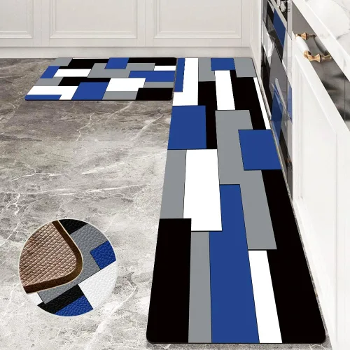 AILUER Juego de 2 alfombras y tapetes de cocina azules y negros, arte geométrico abstracto, acolchados, arte abstracto y moderno, tapetes de cocina