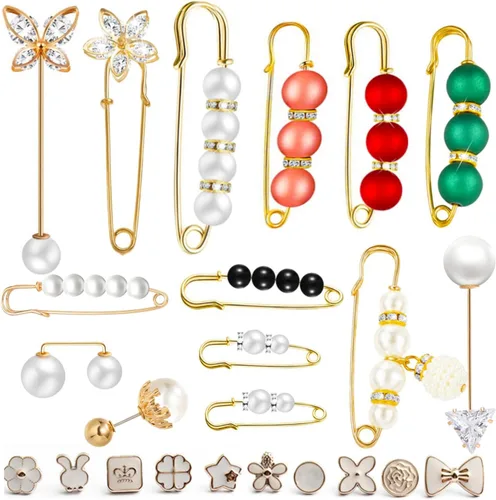 Broche de perlas de imitación con caja, chales de suéter de seguridad con botones de cobertura, alfileres, broches, conjuntos para mujeres, niñas,