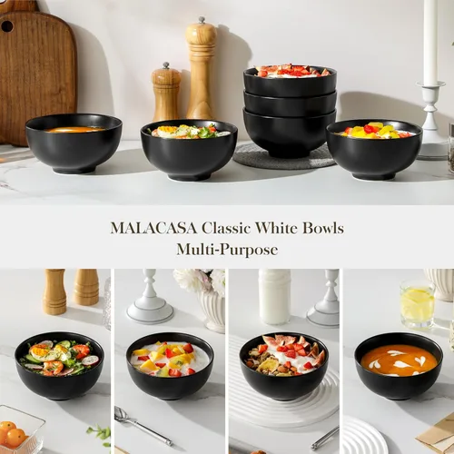 Miniatura 6 de MALACASA Juego de 6 cuencos de sopa de porcelana de 26 onzas, cuencos de cerámica negra para cocina, cuenco de cereales para avena, fruta, ensalada