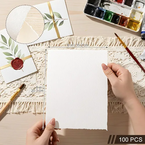 Miniatura 2 de 100 hojas de papel con borde deckled de 8.5 x 11 pulgadas, papel hecho a mano de 160 GSM, papel de acuarela rugoso/texturizado para invitaciones