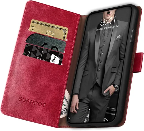 Miniatura 4 de SUANPOT Funda tipo cartera de cuero para Samsung Galaxy A52 4G y 5G con tarjetero de crédito RFID Flip Folio Book Phone Case Funda a prueba de Rojo