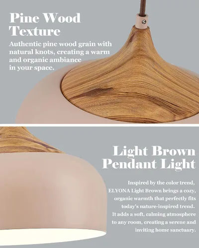 Miniatura 4 de ELYONA Lámpara colgante japonesa moderna de 12 pulgadas para isla de cocina, lámpara colgante de granja con pantalla de metal de grano de madera